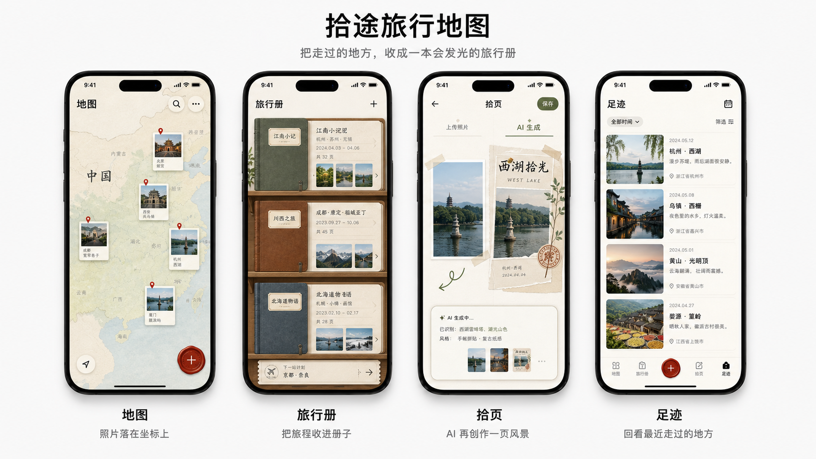 拾途旅行地图、旅行册、拾页和足迹四个核心页面设计图
