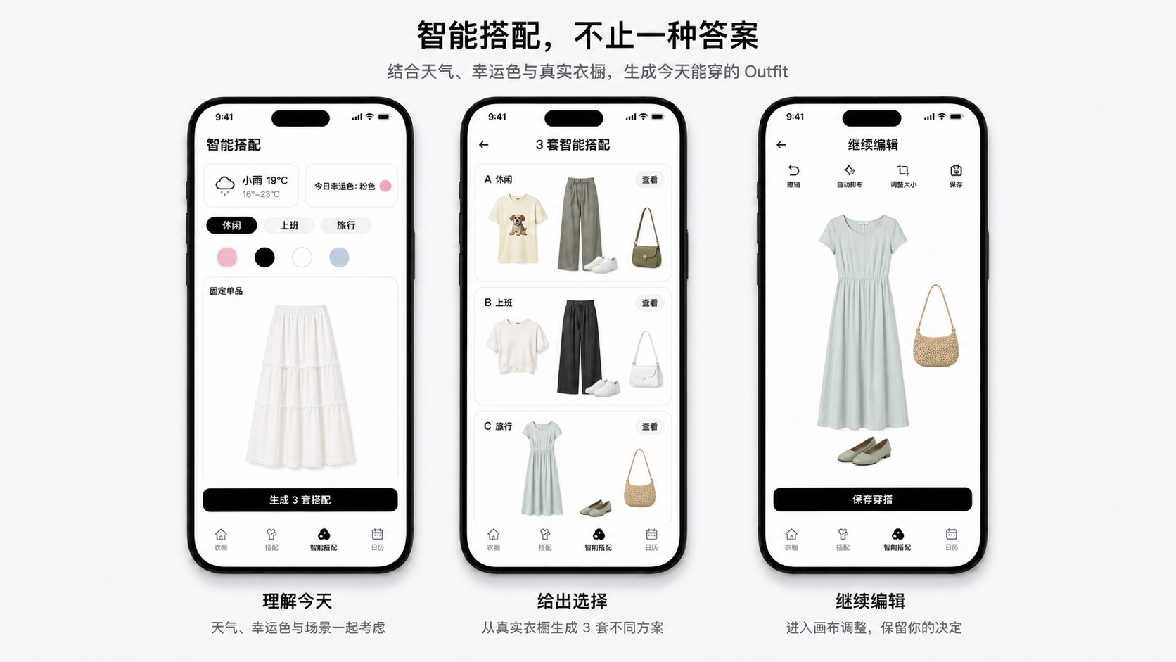 衣间日记智能搭配、三套方案和继续编辑页面设计图